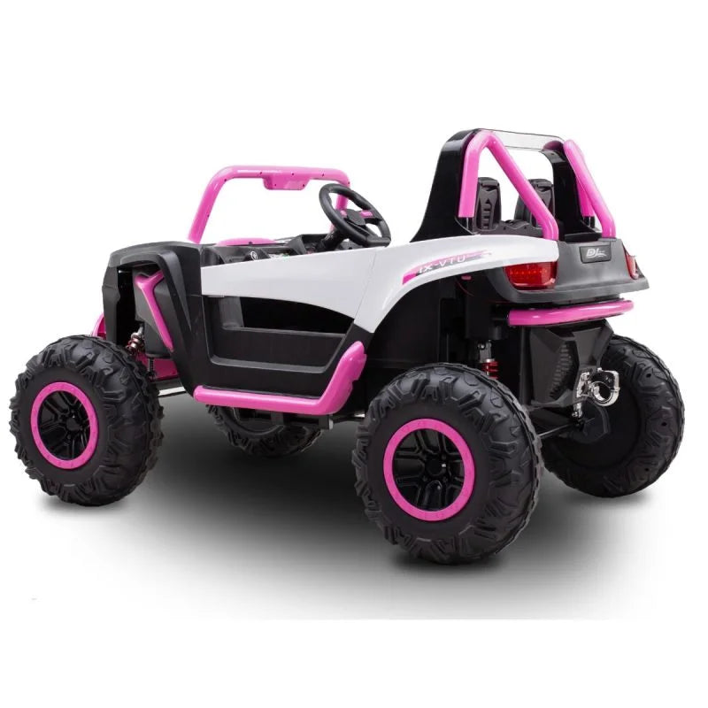 Pink and white 24V electric ride-on toy beach buggy with chunky off-road tires and two-seater design for kids.