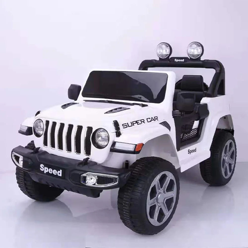 White 12V 4WD Jeep Wrangler Rubicon kids ride-on car with realistic design and off-road style lights