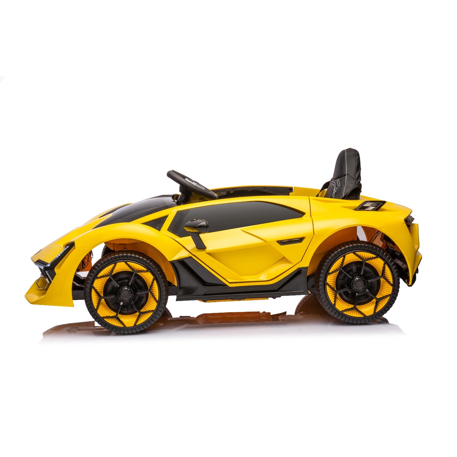 Yellow 12V Lamborghini inspired kids ride-on electric car with black seat and detailed sporty design for ages 3 and up