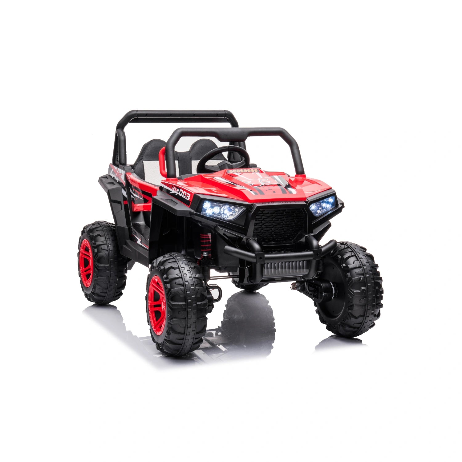 Red and black toy off-road vehicle on a white background