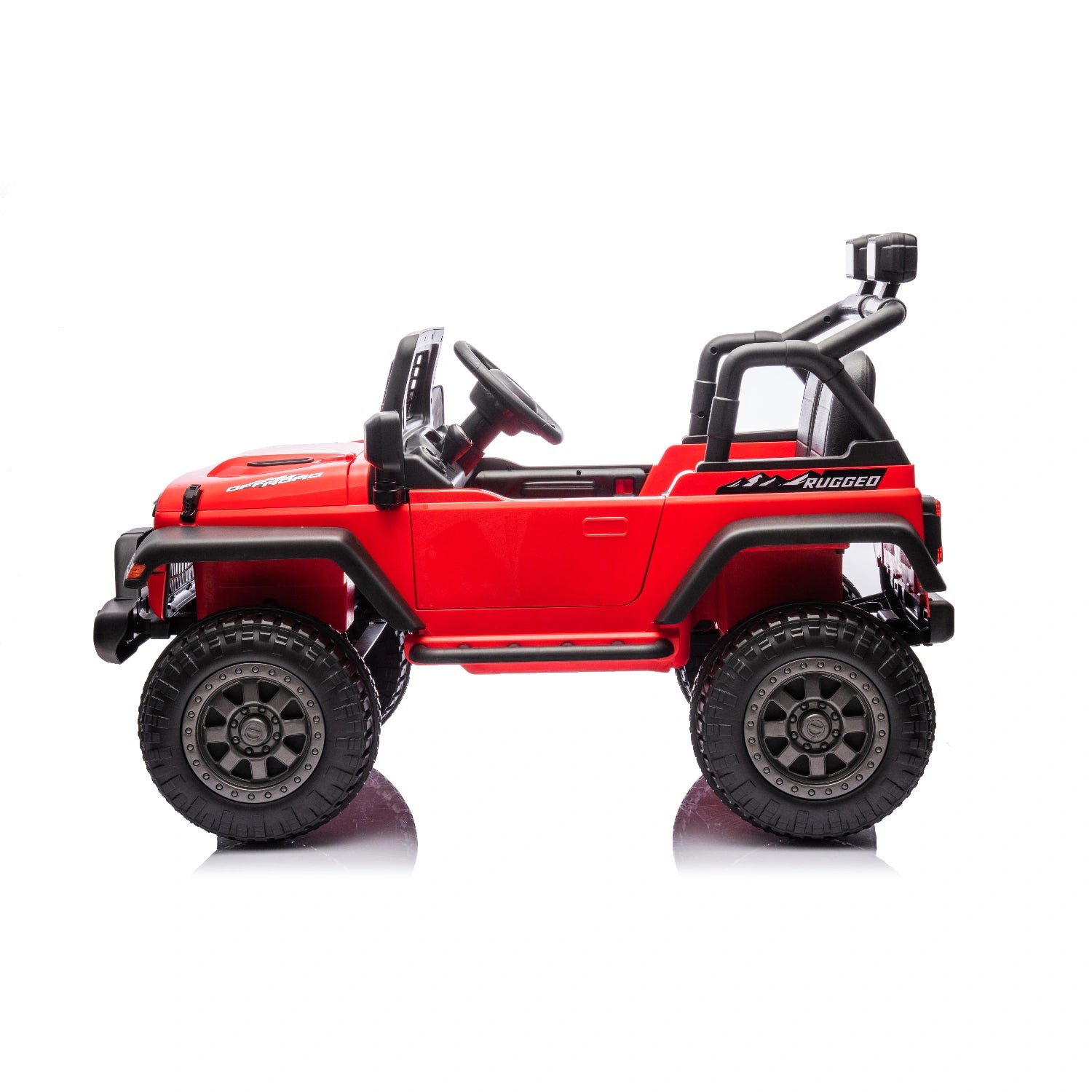 12V red off-road electric ride-on jeep for kids with rugged tires, open cabin, roll bar, and realistic steering wheel controls