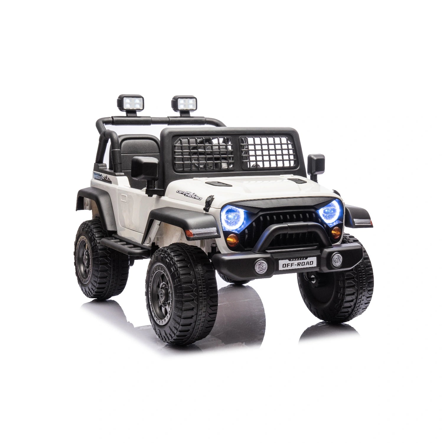 12V white ride-on Jeep style kids electric car with remote control, LED headlights, and rugged off-road tires