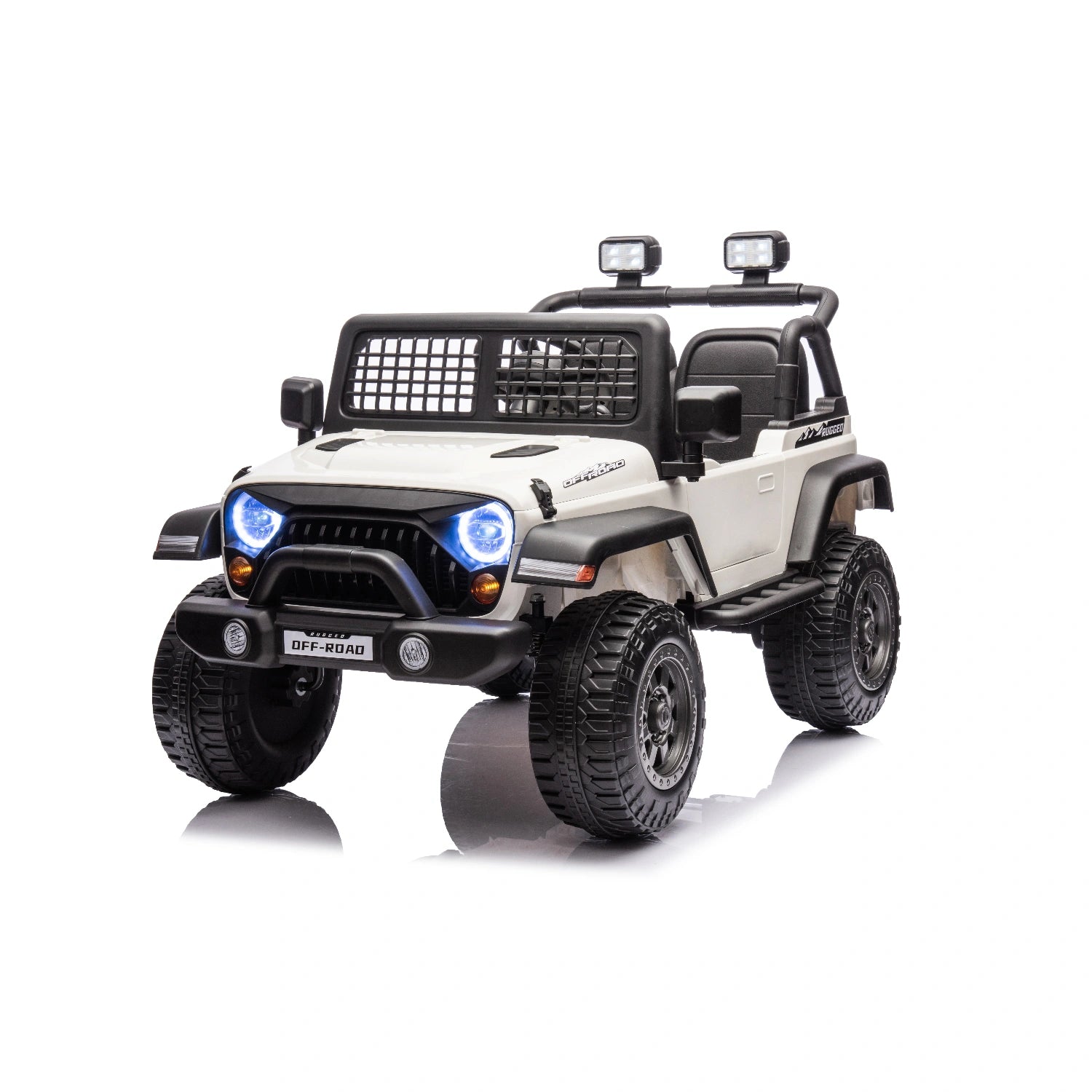 White 12V ride-on jeep style kids electric car with remote control, LED headlights, and rugged off-road tires
