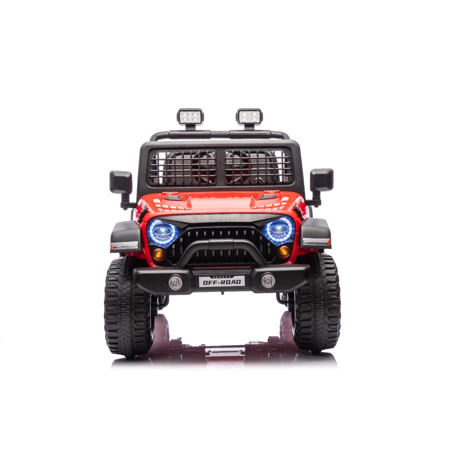 Front view of red 12V off-road electric Jeep ride-on car with LED lights and rugged tires for kids