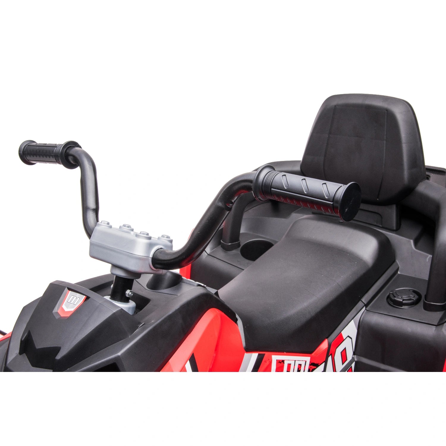 Close-up of black handlebar, seat, and control panel on red 12V kids quad bike with LED lights and 4WD motors