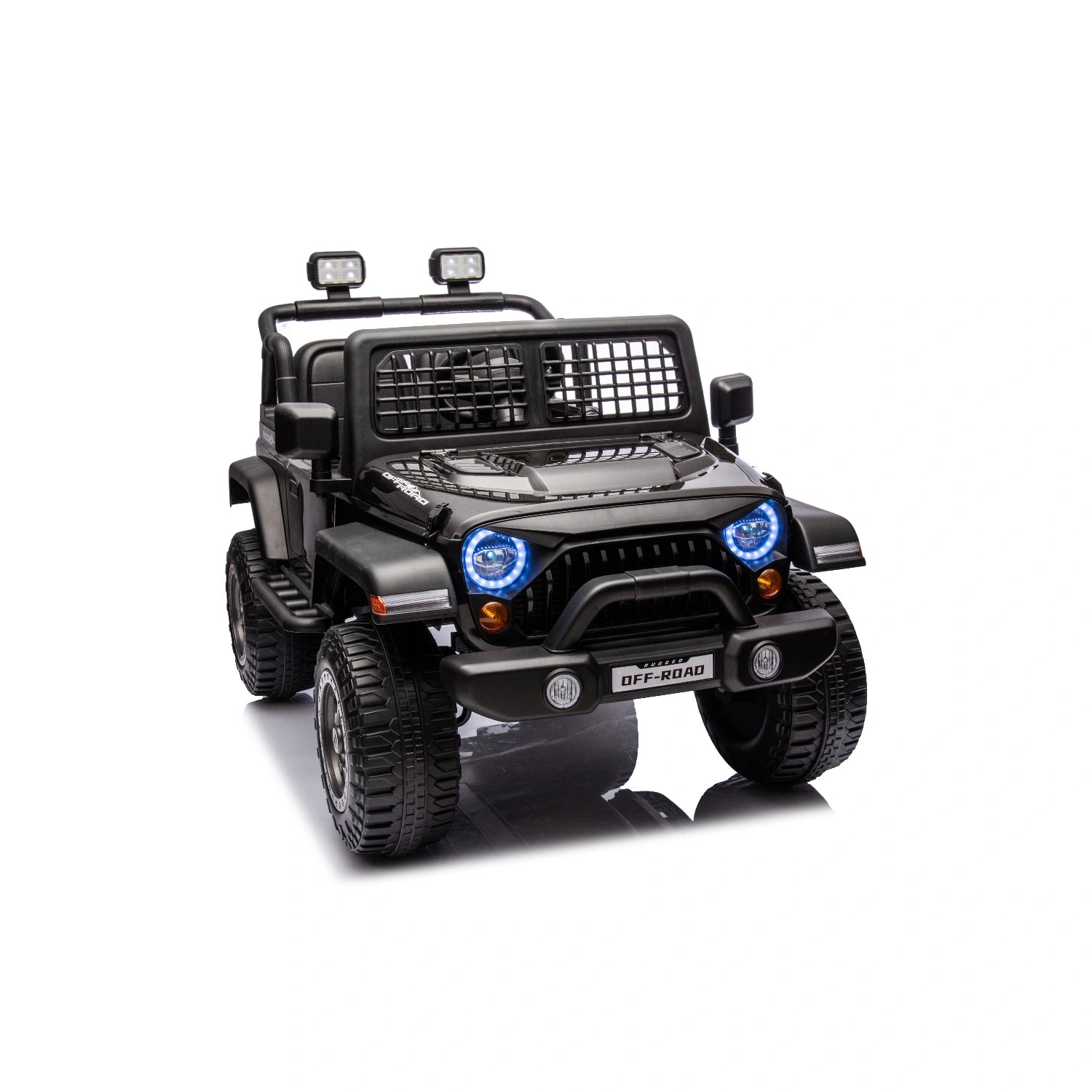 Black 12V Jeep-style ride-on toy car for kids with blue LED headlights, off-road tires, and front grill guard