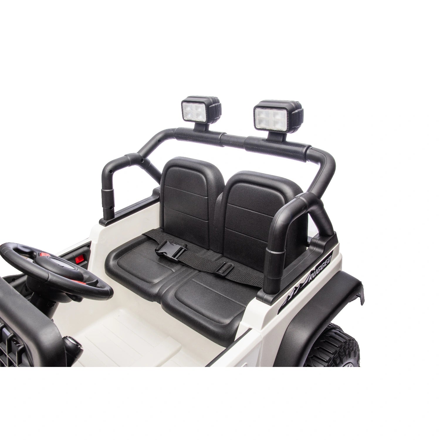 Close-up of black seats and safety belts inside white 12V ride-on jeep style kids electric car with LED lights