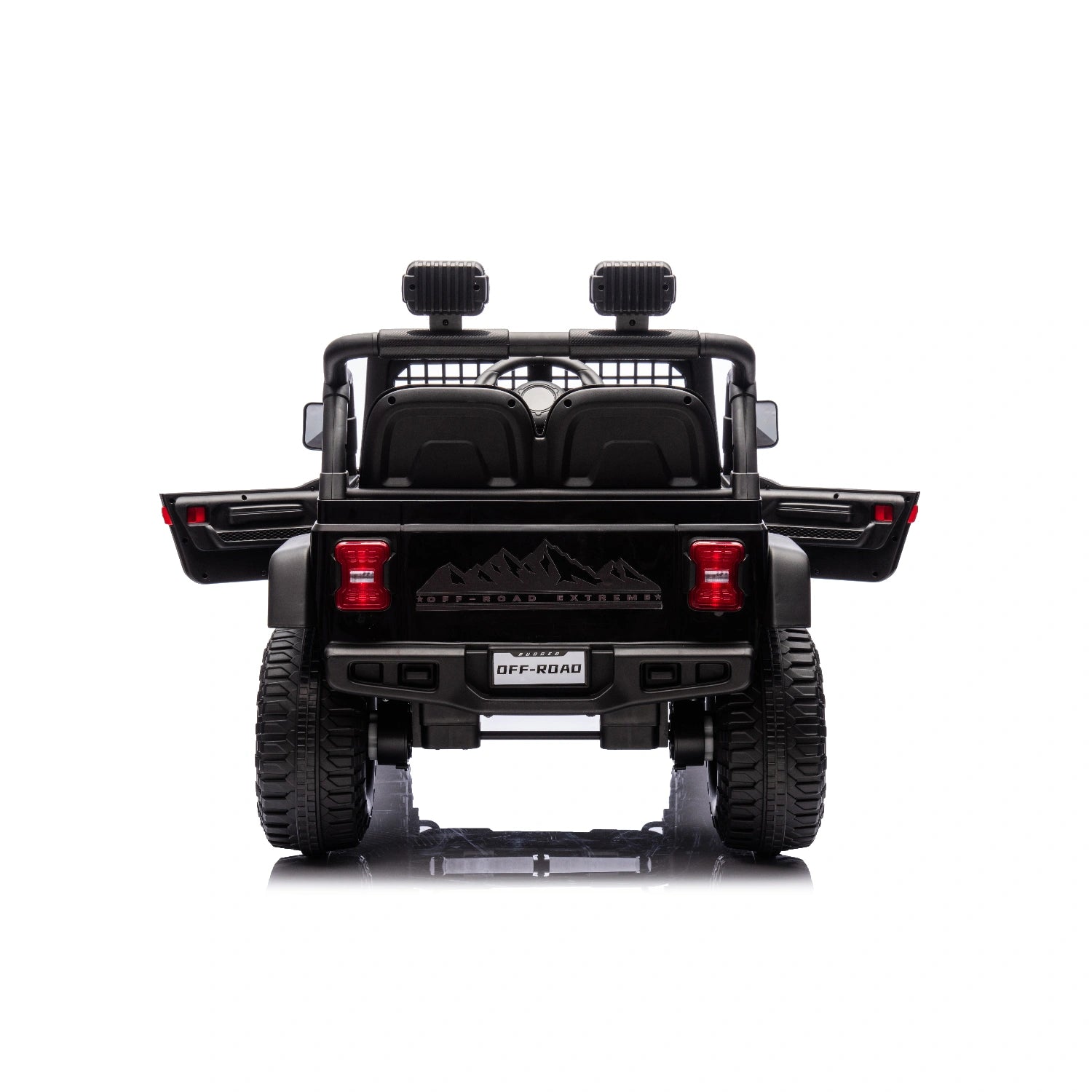 Rear view of black 12V Jeep style ride-on toy car for kids with open doors and rugged off-road tires
