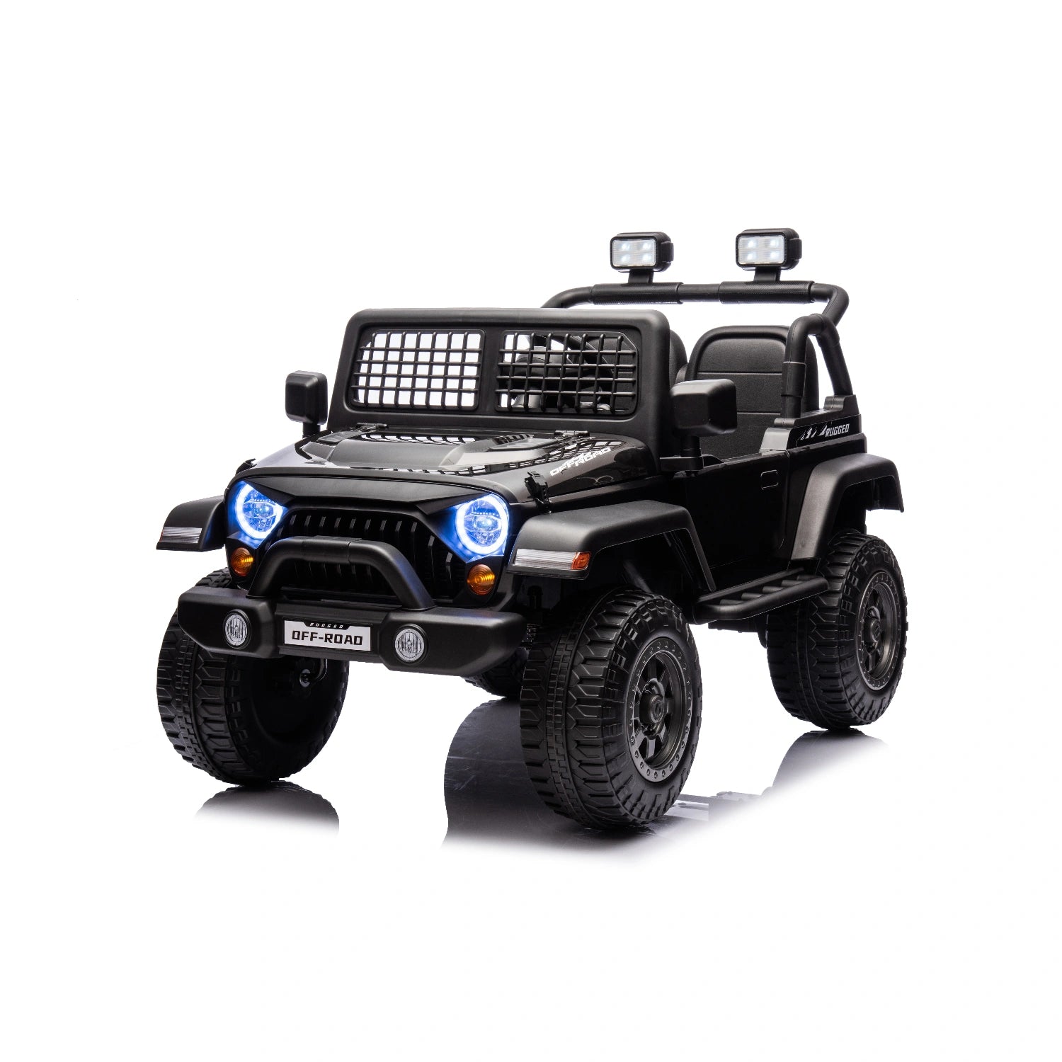 12V black Jeep style ride-on toy car for kids with remote control, LED headlights, and rugged off-road tires