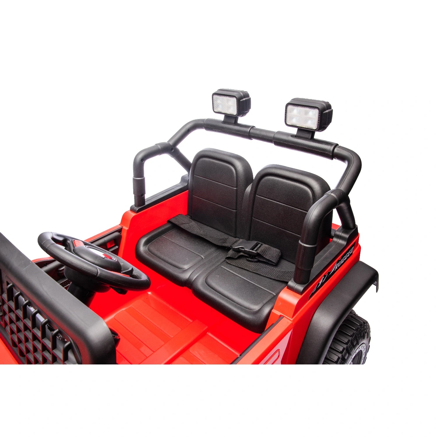 Interior view of red 12V off-road electric jeep ride-on car with black seats, steering wheel, and safety belt