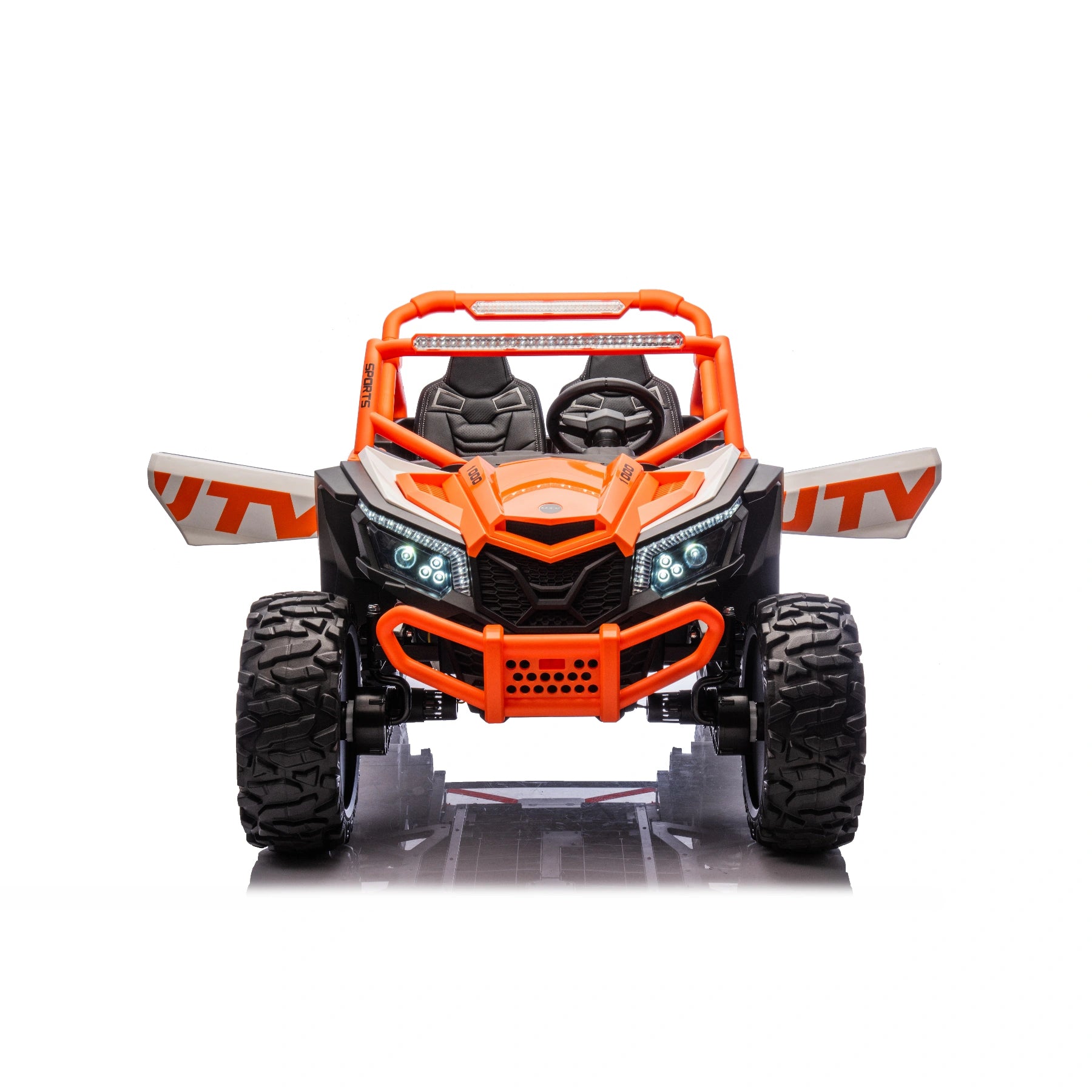 Front view of orange 24V 1400W two-seater ride-on UTV buggy with open doors and large rugged tires