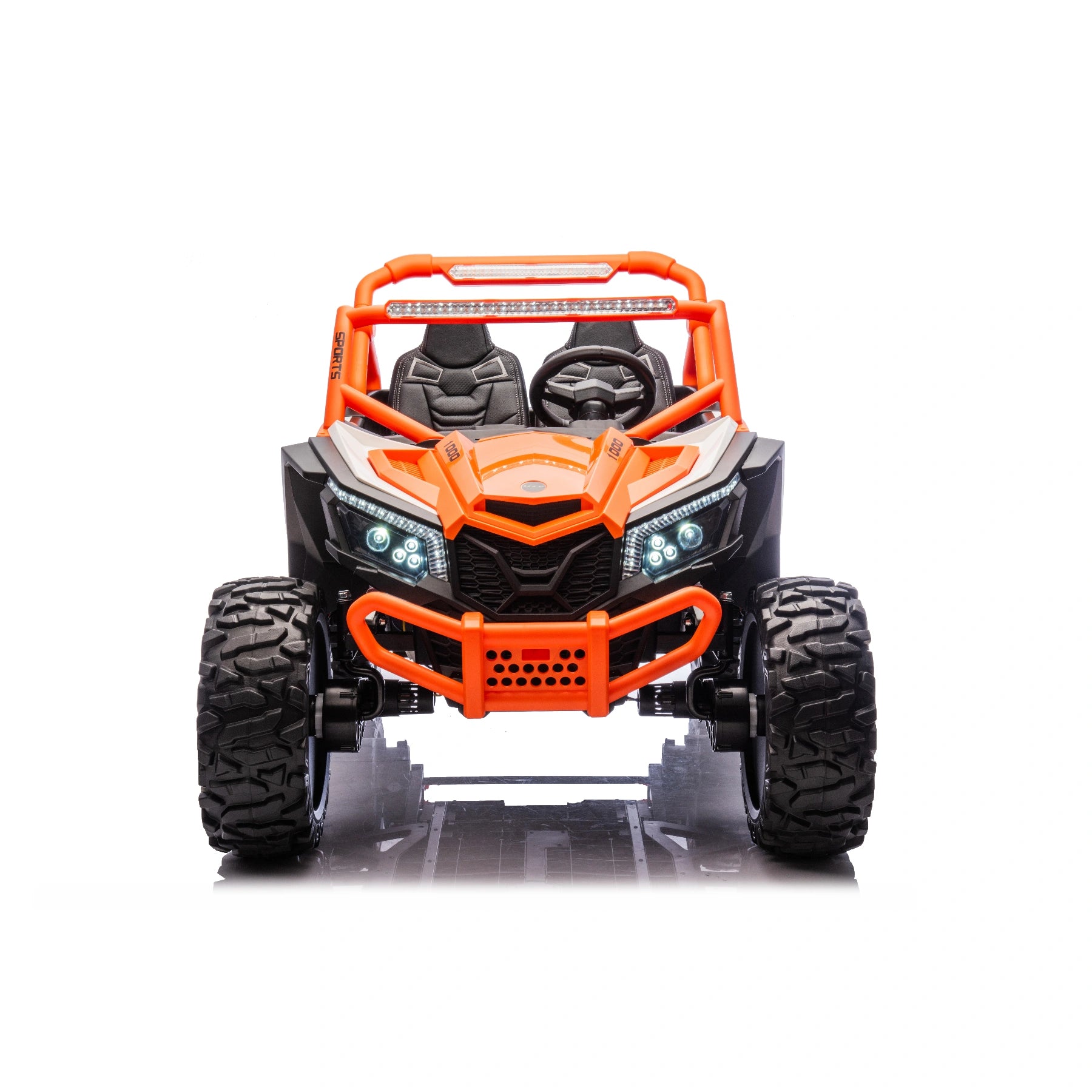 Front view of orange 24V 1400W two-seater ride-on buggy with rugged tires and detailed headlights