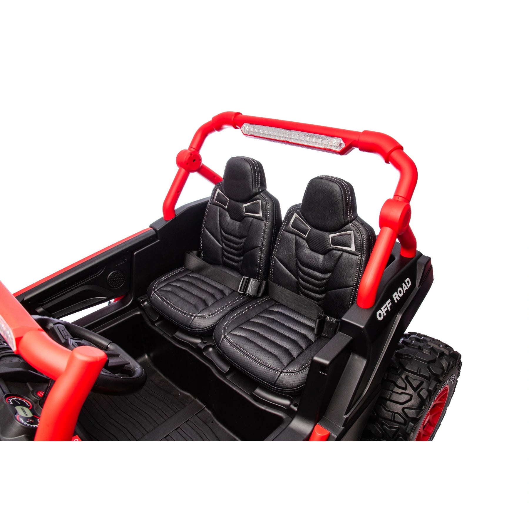 Close-up of black leather seats and red roll cage on King of UTVs ZForce RZR Turbo 24V 2-seater electric ride-on buggy
