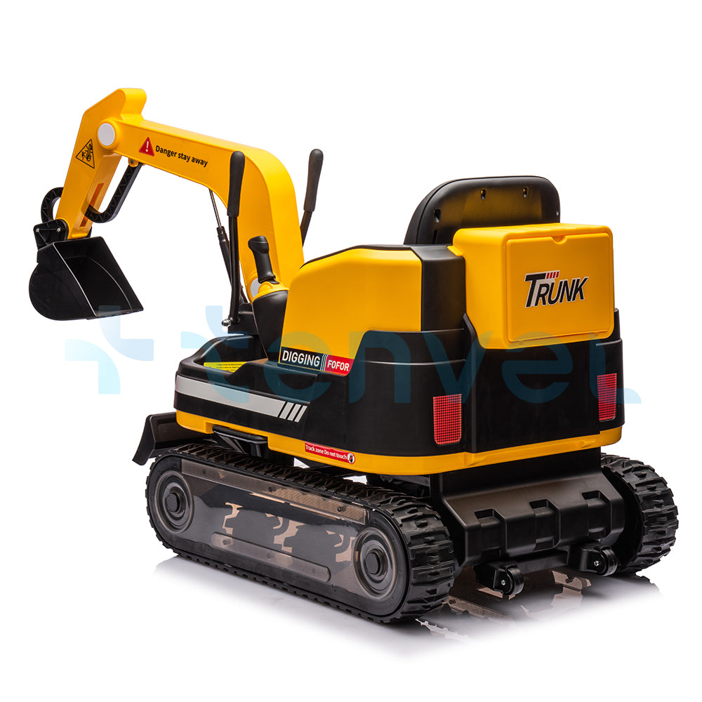 Yellow 24V kids ride-on excavator toy with manual digging arm, dual motors, and realistic construction details.