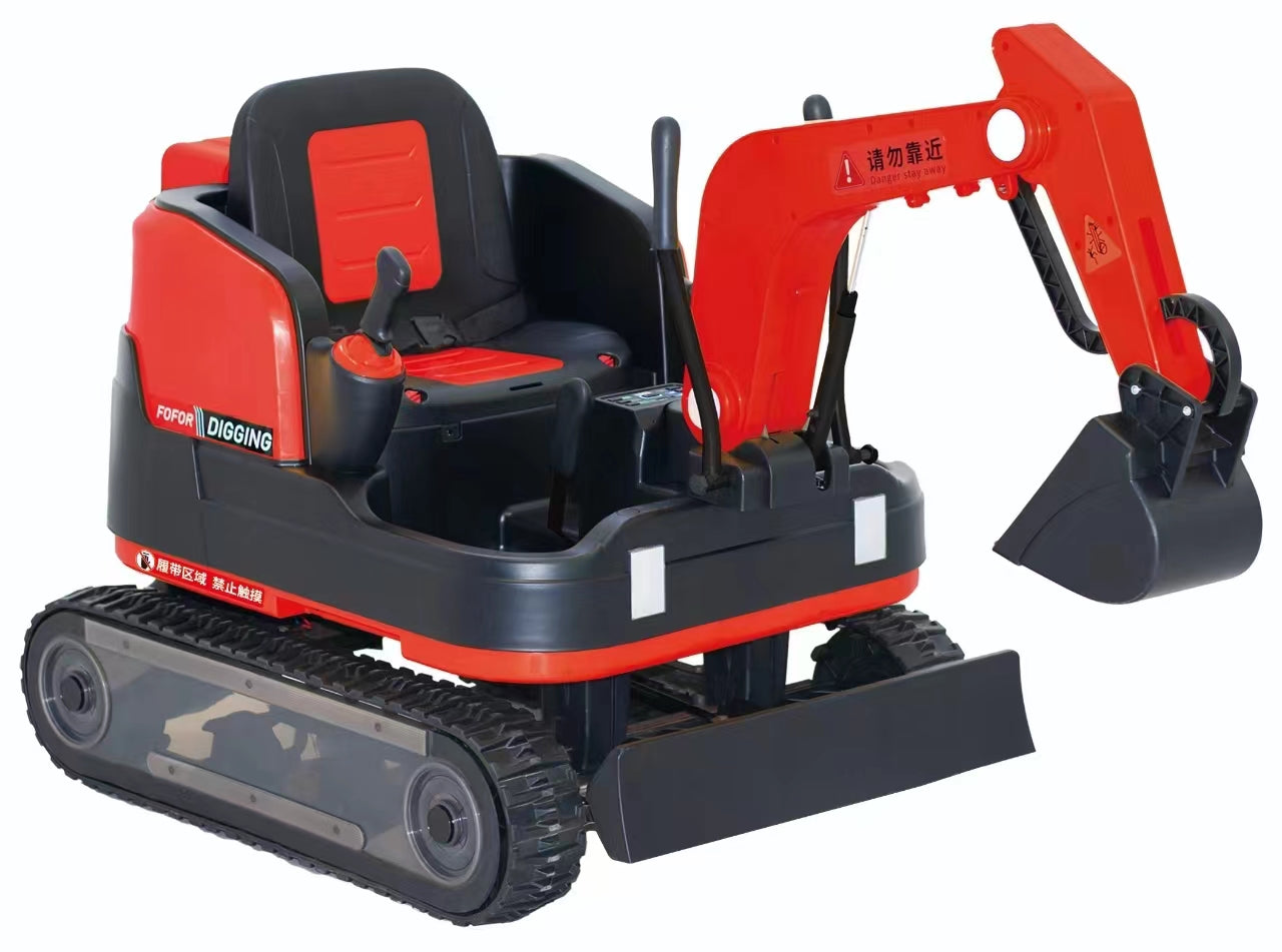 Red 24V ride-on kids electric excavator toy with dual motors, manual arm, and durable tracks for outdoor play.