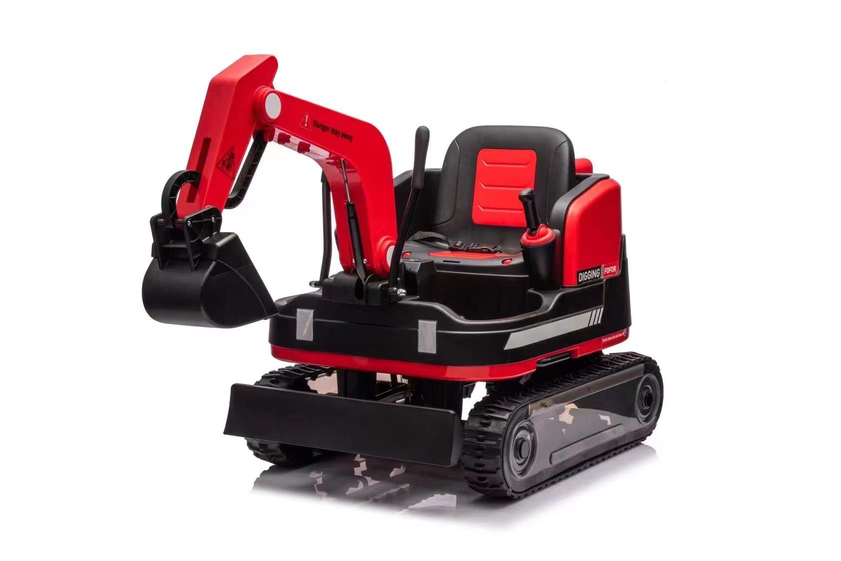 Red 24V ride-on kids electric excavator toy with manual arm, dual motors, seatbelt, and LED lights for backyard play