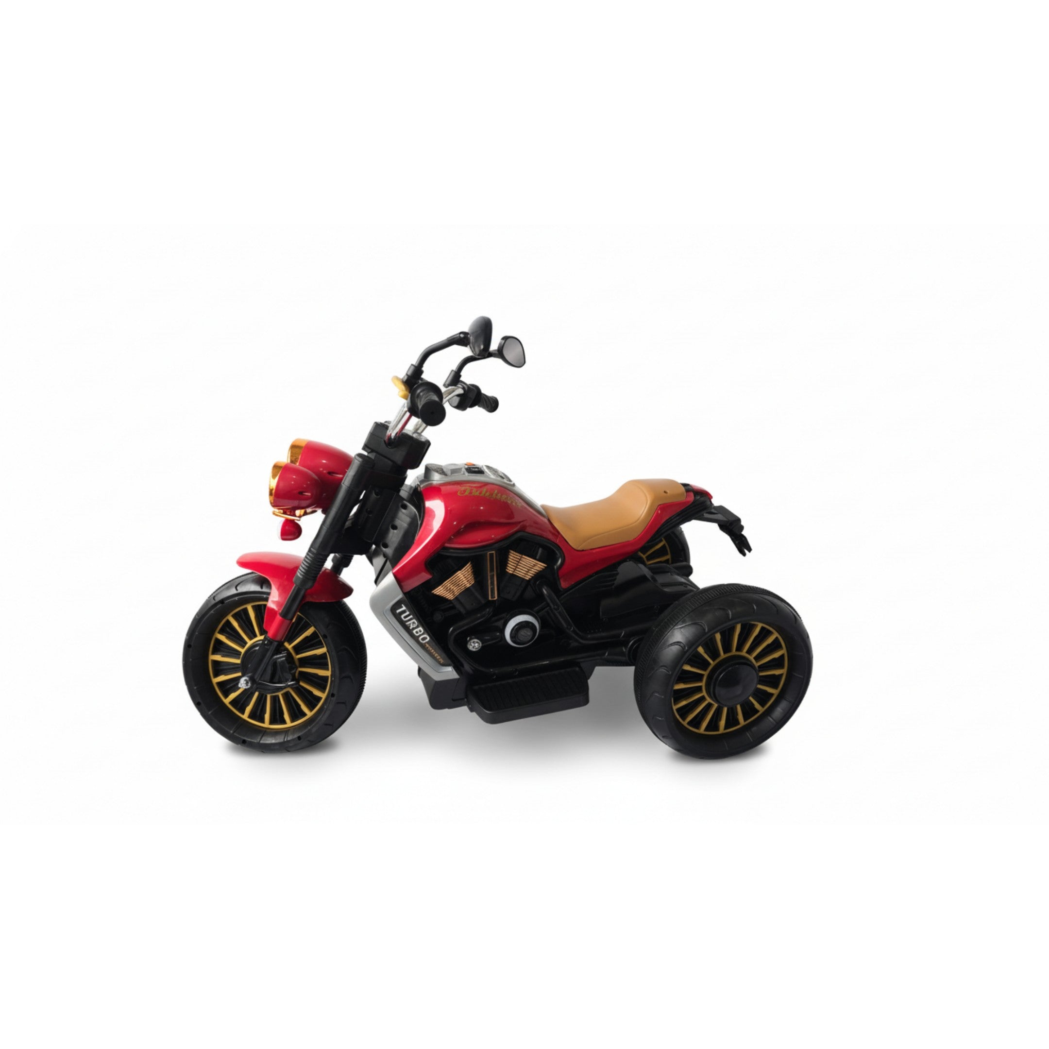 12V red Harley-style kids electric motorbike with three wheels, brown seat, and black and gold accents for children