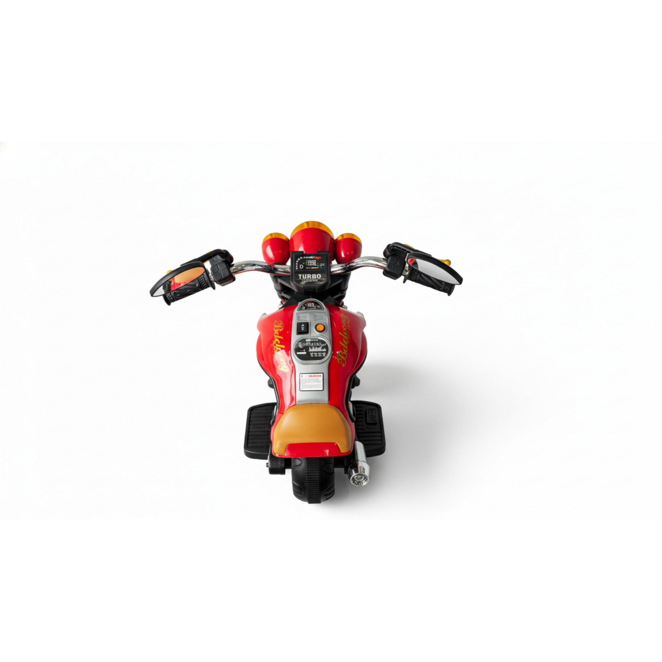 Front view of red 12V Harley-style kids electric 3-wheel motorbike with detailed dashboard and handlebars