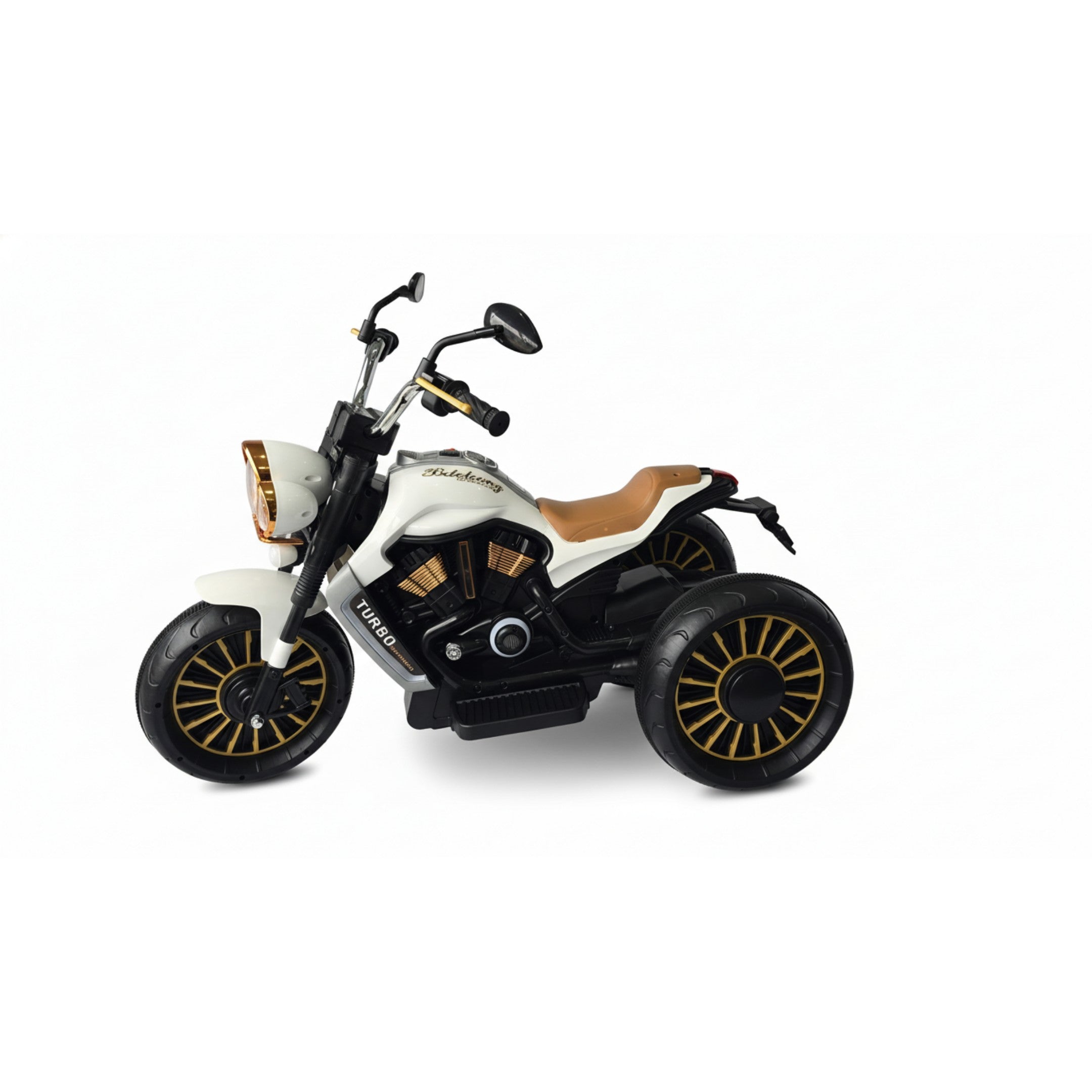 12V white Harley-style kids 3-wheel electric motorbike with brown seat and gold-accented black wheels