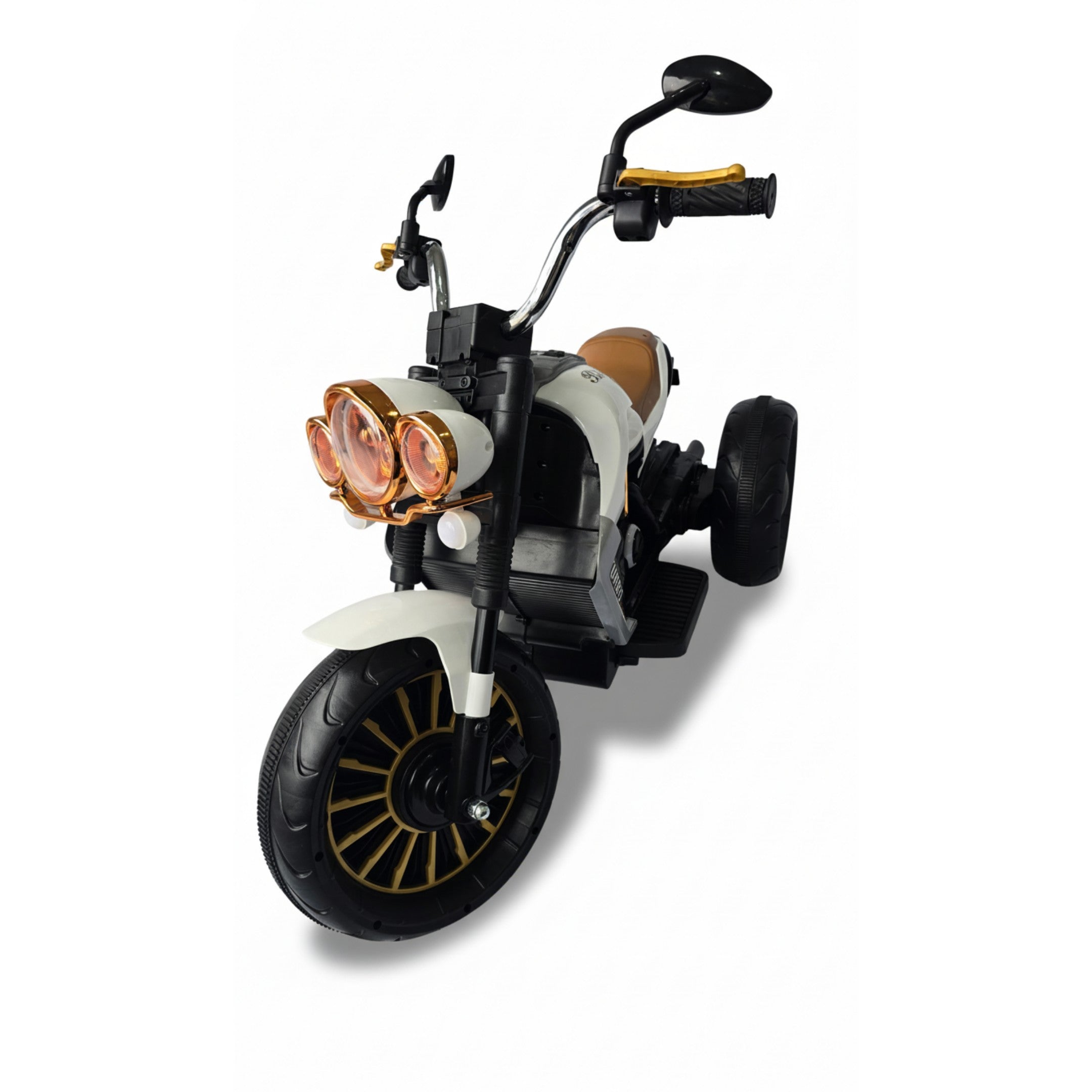 12V white Harley-style 3-wheeled kids ride-on motorbike with brown seat and gold-accented handlebars and wheels