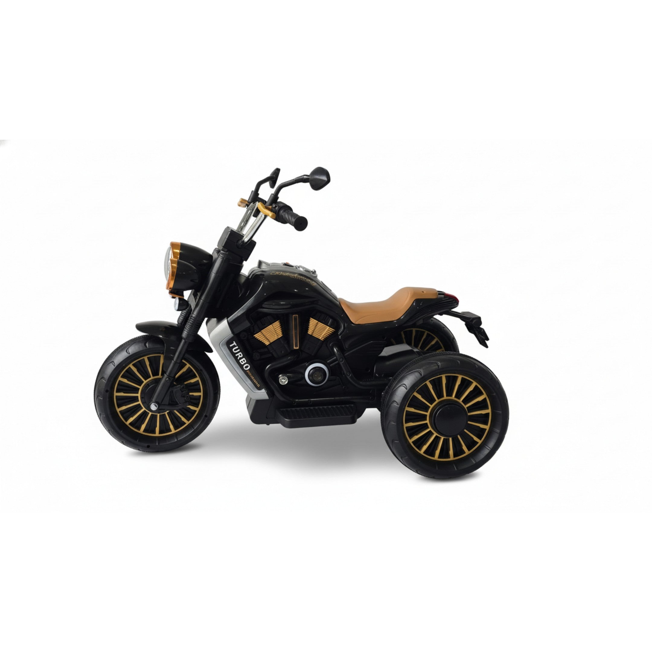 12V black Harley-style 3-wheeled electric ride-on motorbike with brown seat and gold-accented wheels for kids