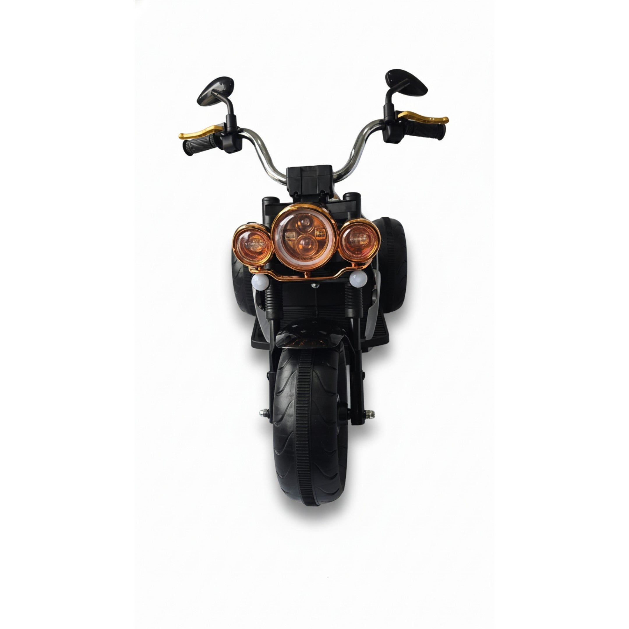 Front view of black 12V Harley-style electric ride-on motorbike for kids with gold handlebar grips and triple headlights