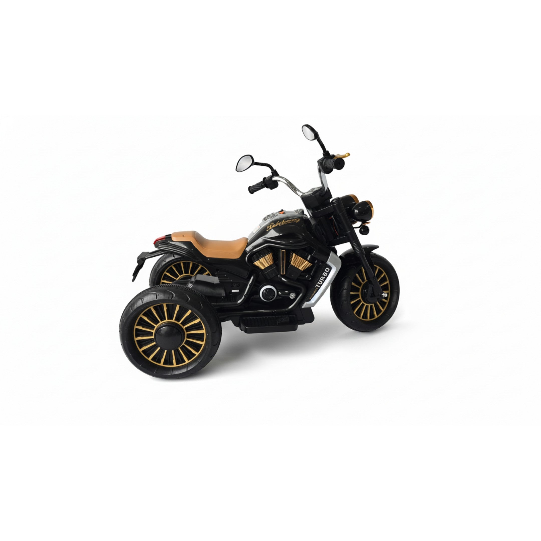 12V black Harley-style electric 3-wheel ride-on motorbike for kids with tan seat and gold-accented wheels