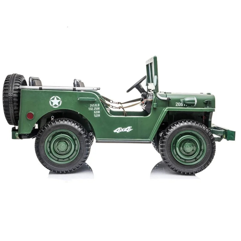 Green 24V 4WD Willys Jeep ride-on car for kids with three seats and military-style design