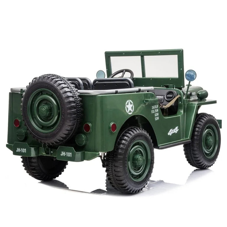Green 24V Willys Jeep 4WD ride-on electric car for kids with three seats and military-style design.