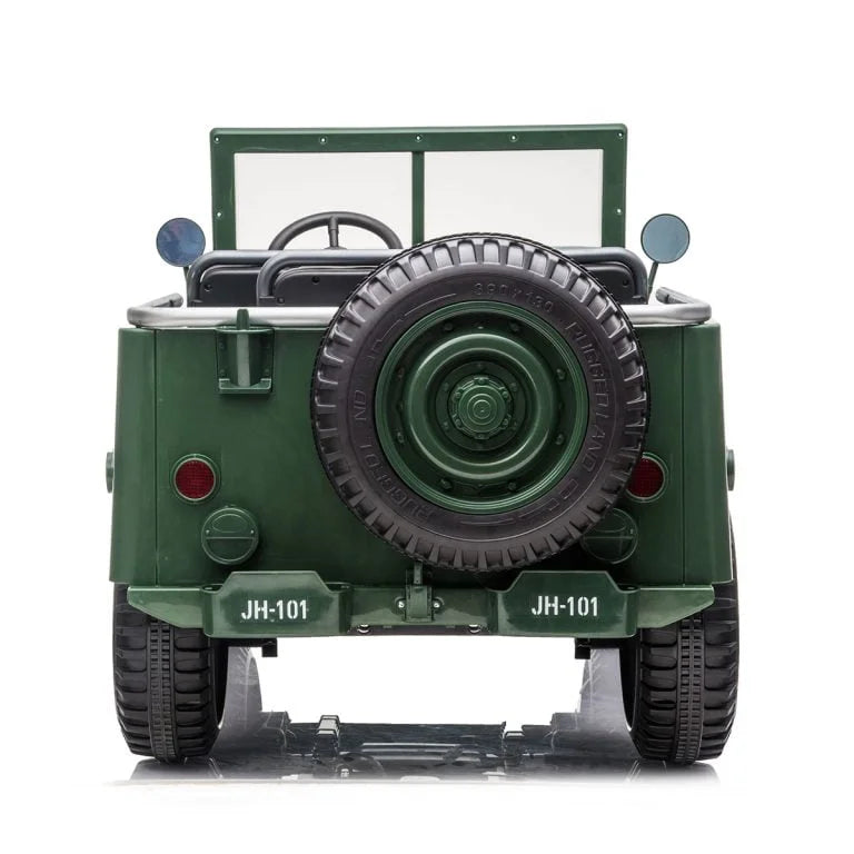 Rear view of green 24V 4WD Willys Jeep kids ride-on car with spare tire and three-seat design