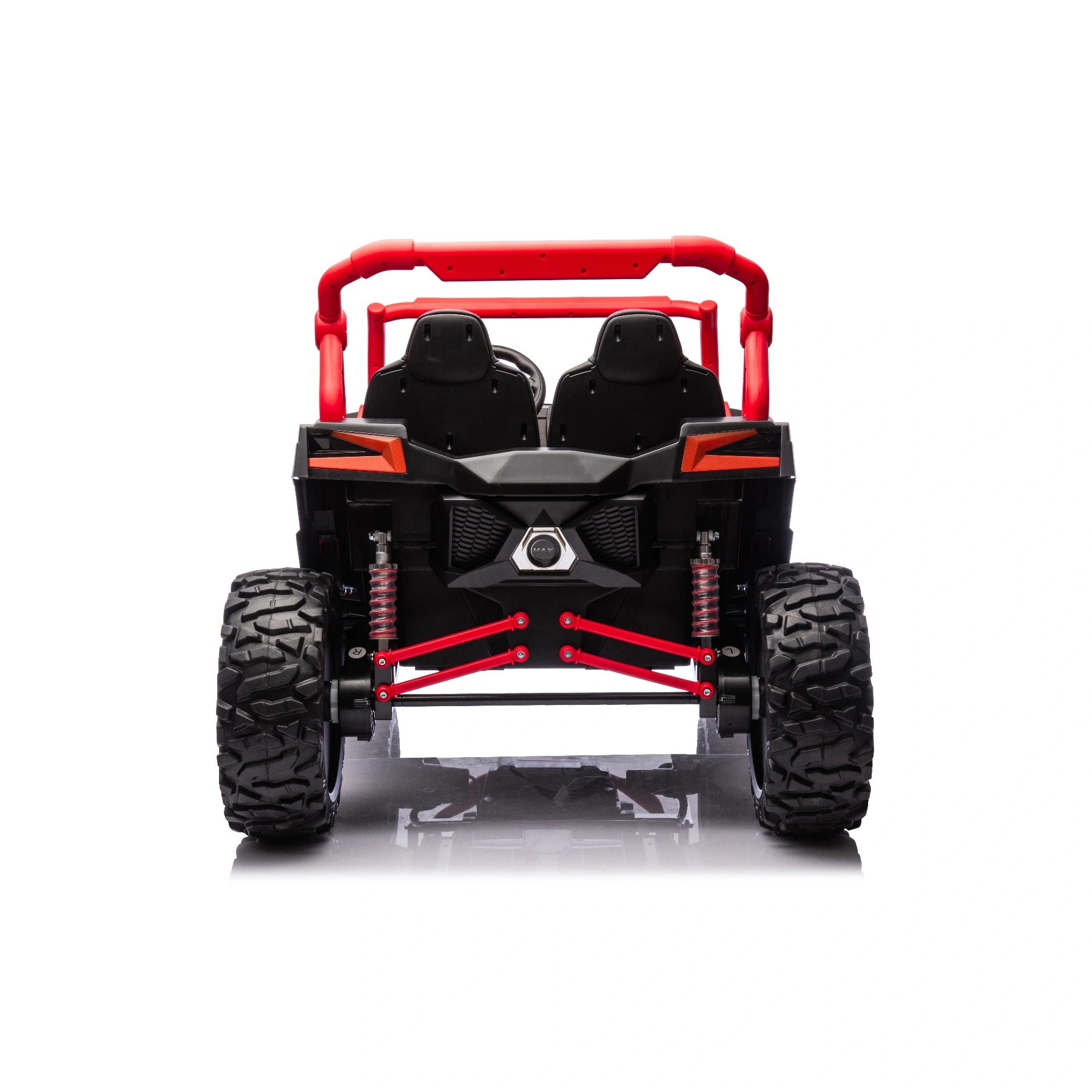 Rear view of red and black 2-seater 24V electric ride-on buggy with rugged off-road tires and suspension system