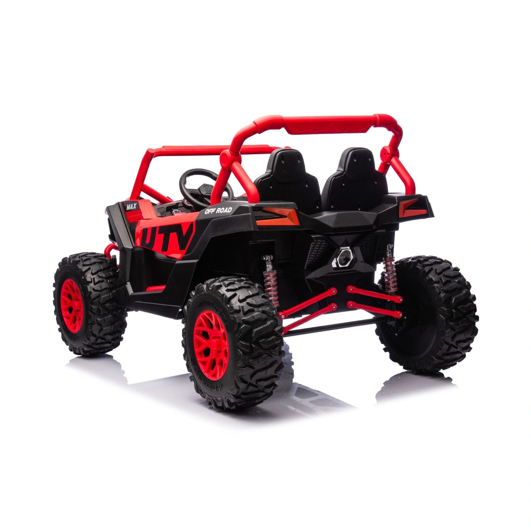 Rear view of red and black 24V 1400W two-seater kids electric UTV buggy with off-road tires and roll cage