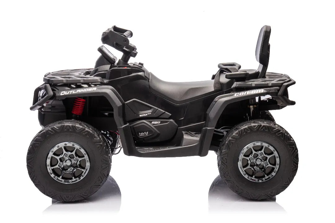 Side view of black 24V 800W licensed Can-Am Outlander 2-seater 4x4 ATV quad bike for kids ages 3-8