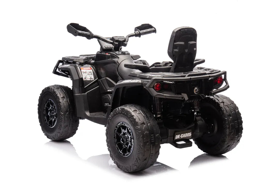 Rear view of black 24V 800W licensed Can-Am Outlander 2-seater 4x4 ATV quad bike for kids with rugged tires and passenger seat.