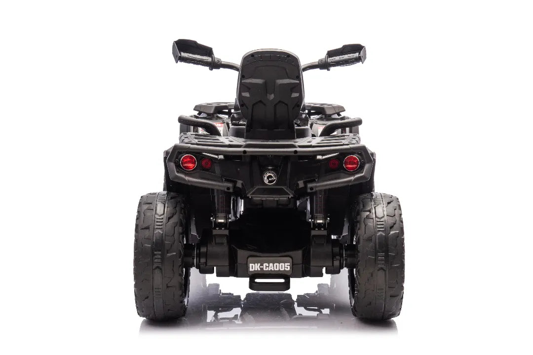 Rear view of black 24V 800W licensed Can-Am Outlander 2-seater 4x4 ATV quad bike for kids aged 3 to 8 years