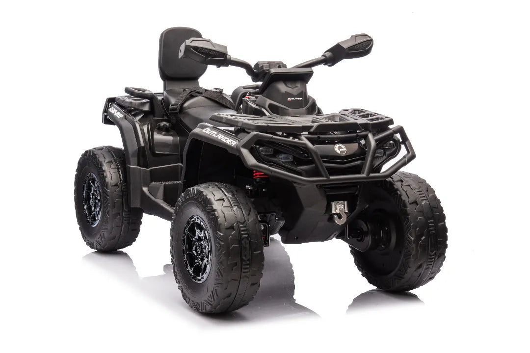 24V 800W licensed black Can-Am Outlander 2-seater 4x4 ATV quad bike with rugged tires and rear seat backrest