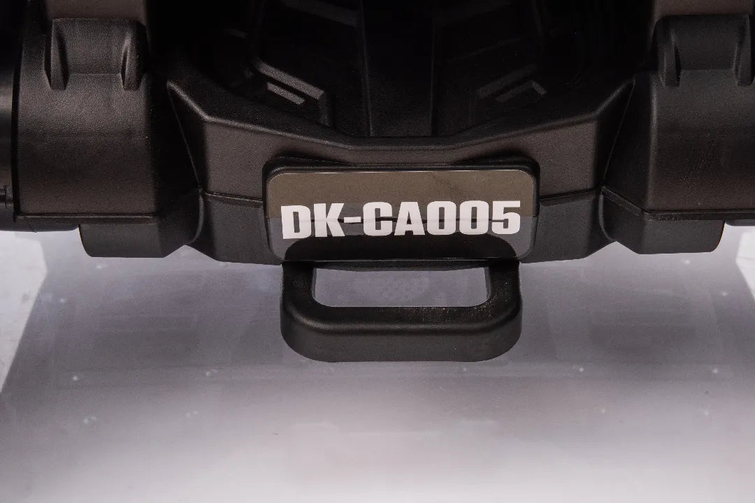 Close-up of black tow hook with model number DK-CA005 on 24V 800W licensed Can-Am Outlander 2-seater ATV bike