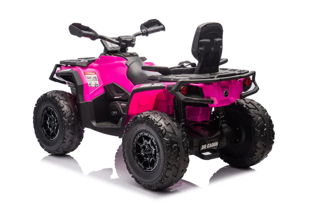Rear angle of licensed Barbie pink 24V Can-Am Outlander Monster 2-seater ride-on quad with rugged black tires and backrest seat