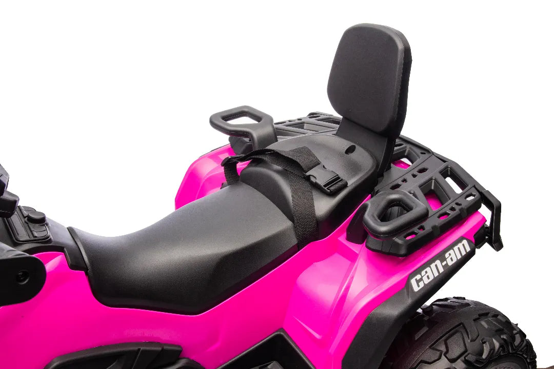 Close-up of black seat with safety belt and backrest on pink 24V Can-Am Outlander Monster 2-seater ride-on quad