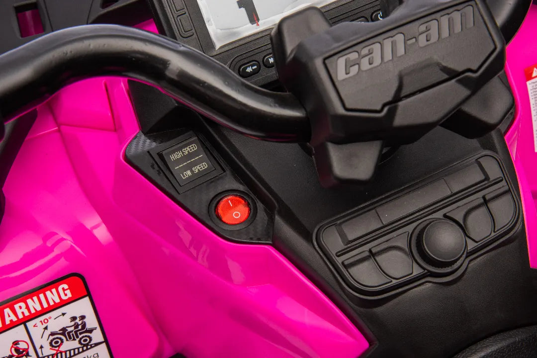 Close-up of control panel and handlebar on licensed Barbie pink 24V Can-Am Outlander Monster 2-seater ride-on quad