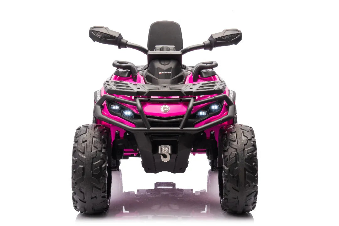 Front view of licensed Barbie pink 24V Can-Am Outlander Monster 2-seater ride-on quad with LED lights and rugged tires