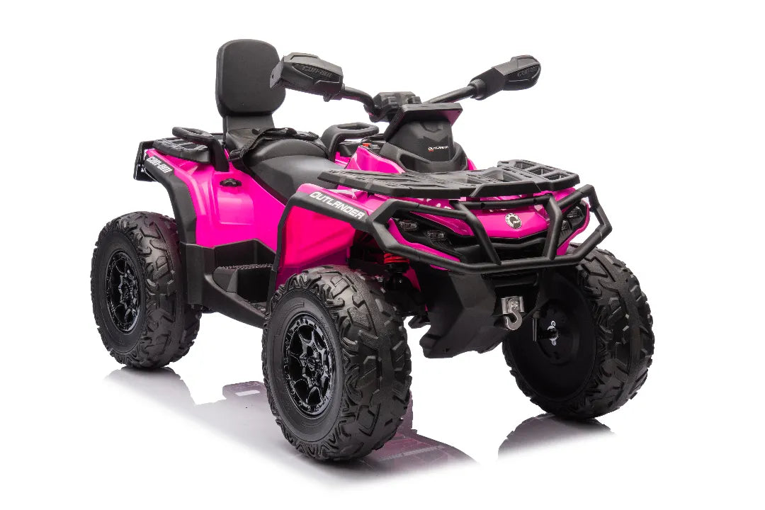 Barbie pink 24V Can-Am Outlander Monster 2-seater ride-on quad with 200W motors and rugged black tires