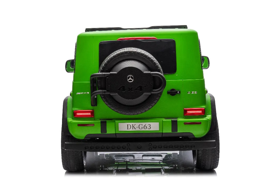 Rear view of green 24V 14Ah Mercedes-AMG G63 licensed 800W 4x4 kids ride-on car with spare tire and detailed lights