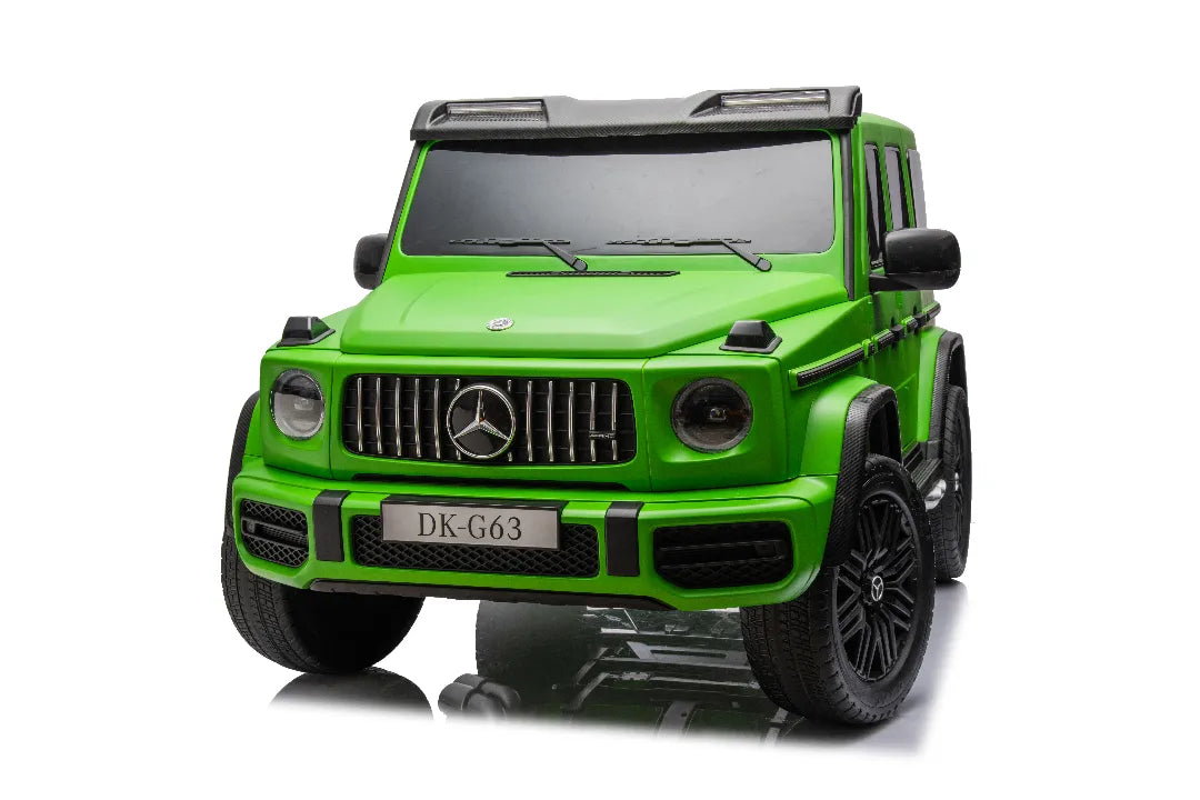 Front view of green 24V 14Ah licensed Mercedes-AMG G63 800W 4x4 kids ride-on car with black wheels