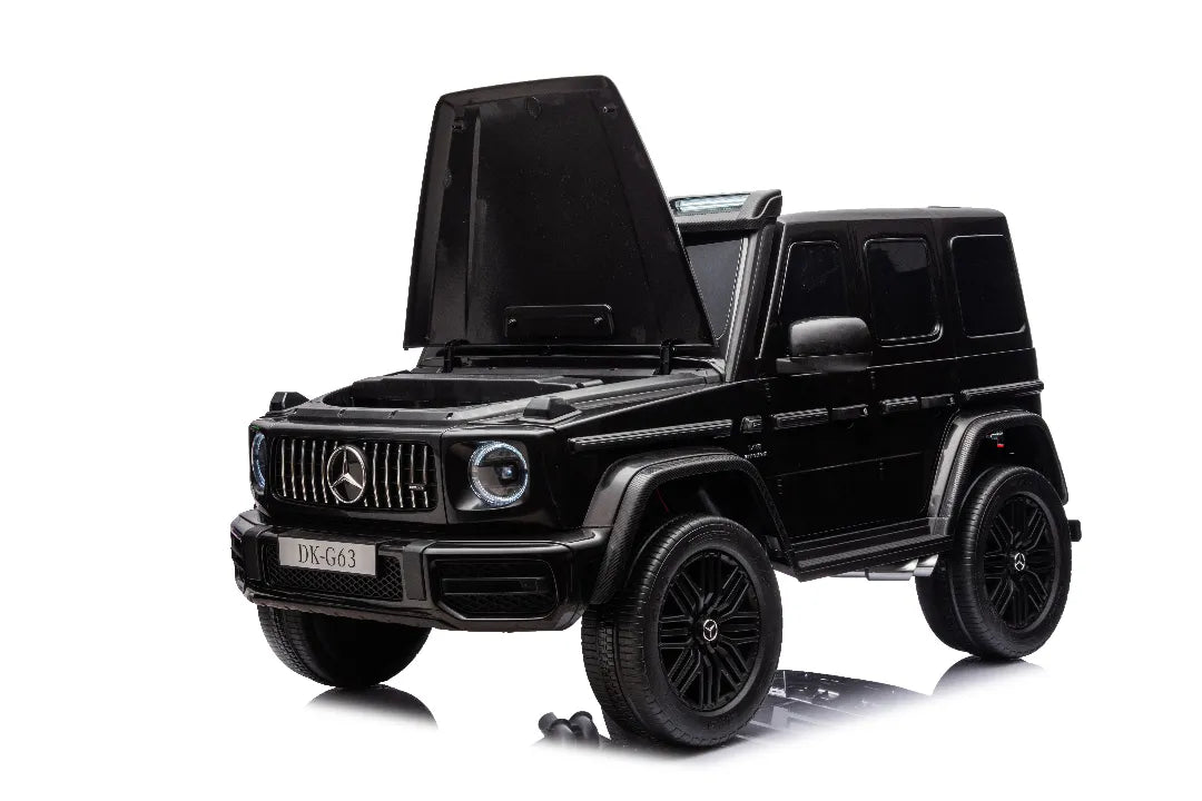 Black 24V 14Ah licensed Mercedes-AMG G63 kids ride-on car with 800W motor and raised hood detailing