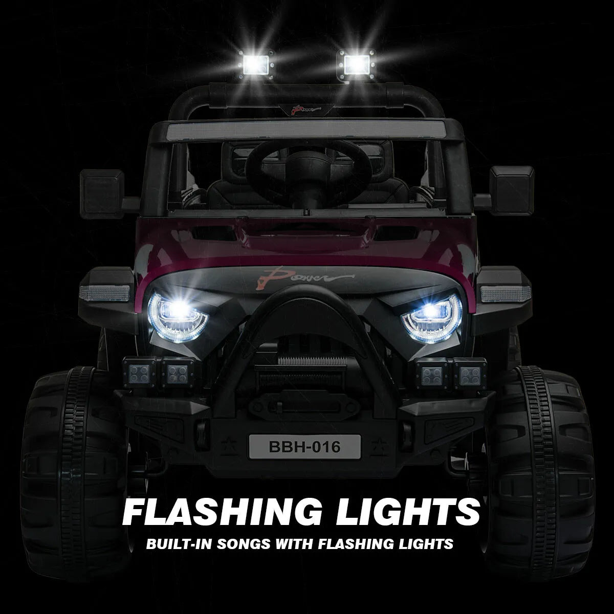 Front view of pink 12V Jeep ride-on car for kids with flashing headlights and roof lights turned on