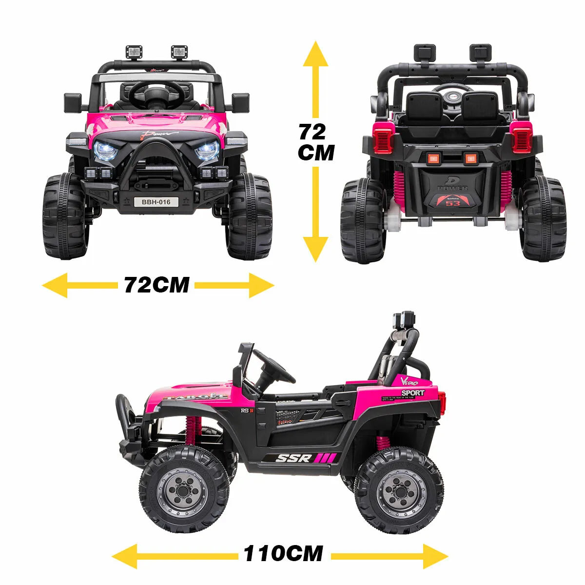 Pink 12V Jeep ride-on car for kids with remote control, single-seat, full suspension, and realistic design.