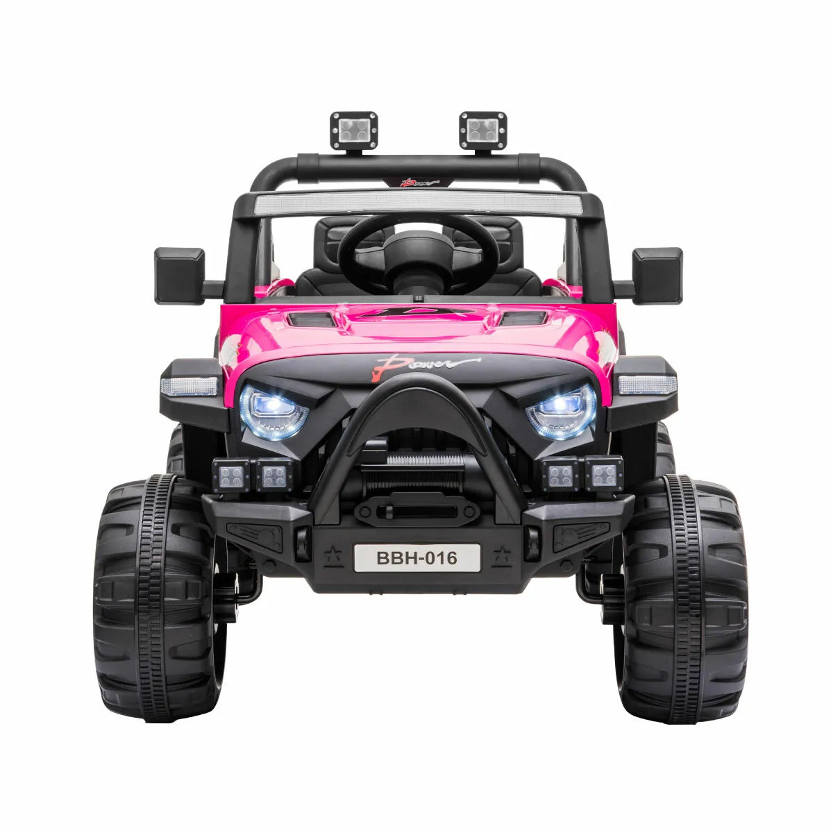 Front view of pink 12V Jeep ride-on car for kids with remote control and LED headlights on white background.