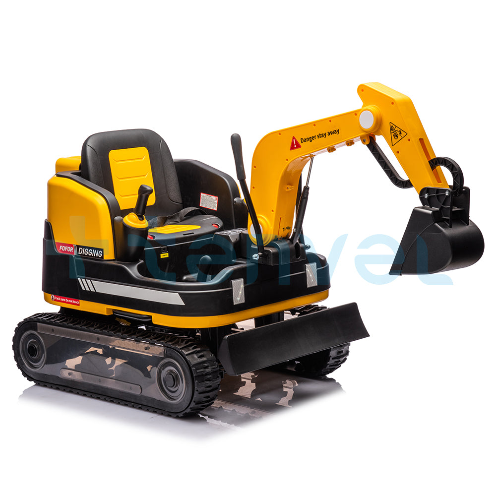 Yellow 24V kids ride-on excavator toy with manual digging arm and black seat on tracked wheels