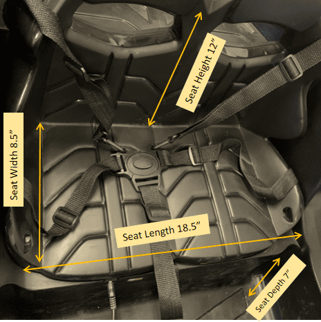 Black adjustable 3-point seatbelt harness and padded seat with dimensions for kids' 12V 4WD monster ride-on truck.